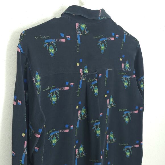 Chicos Button Up Blouse Womens M Silk Casual Artsy Abstract Floral Plants - Picture 11 of 13